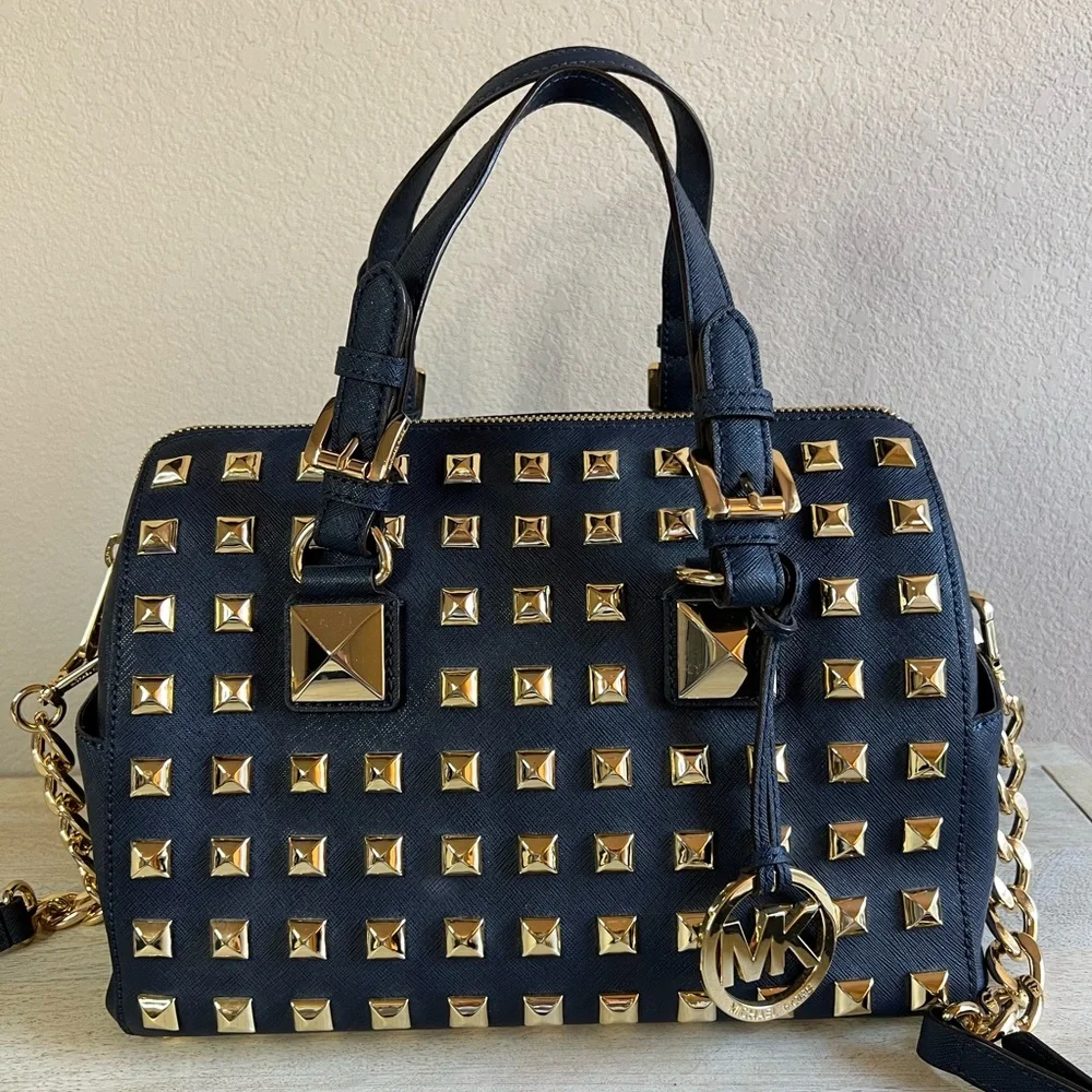 Michael Kors Leather Studded Grayson Satchel Bag - Picture 3 of 16